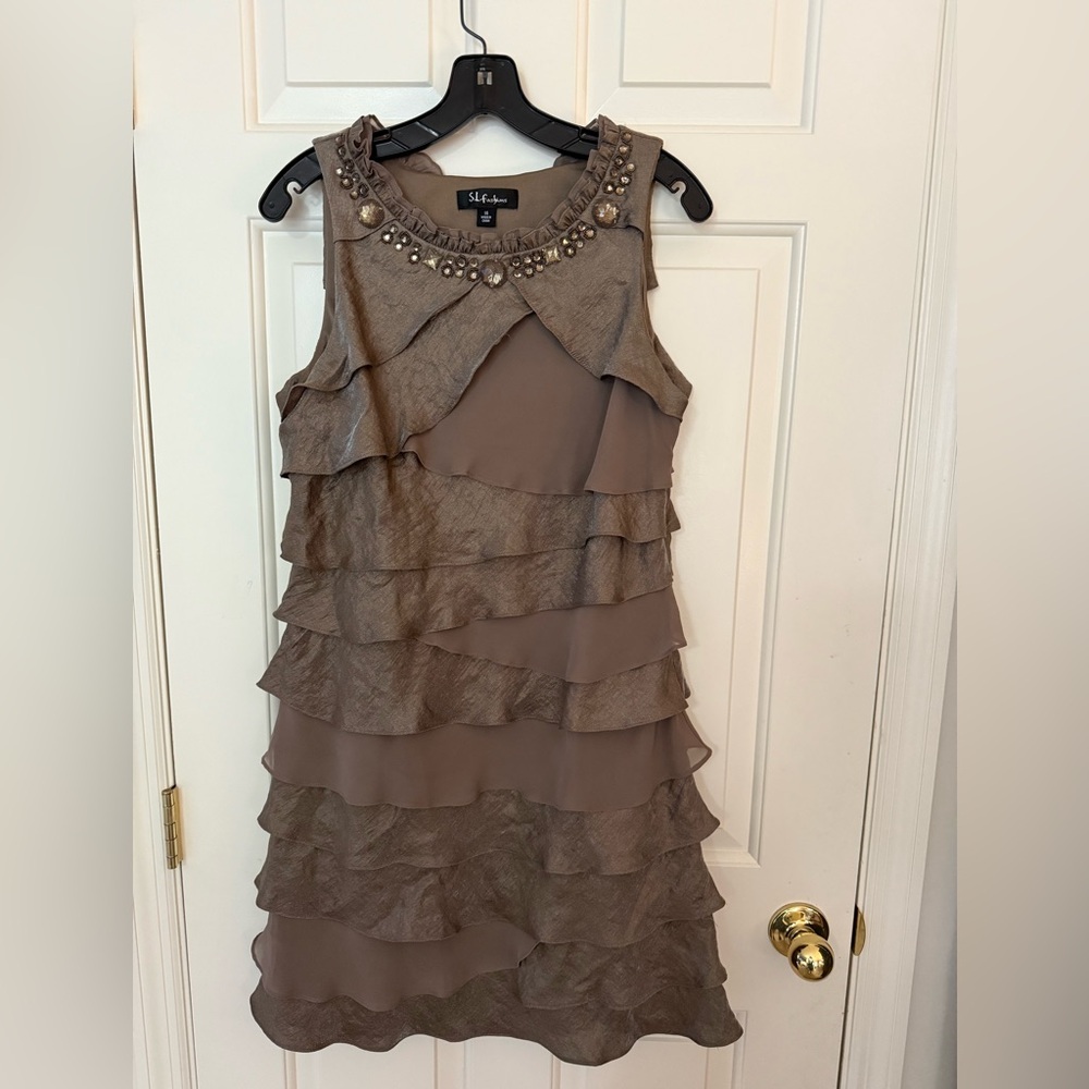 S.L. Fashions Elegant Sleeveless Dress with Embellished Neckline - Picture 1 of 8
